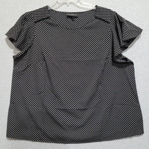 Lane Bryant Blouse 18 Flutter Sleeve Lace Inlay Black Grey Dot